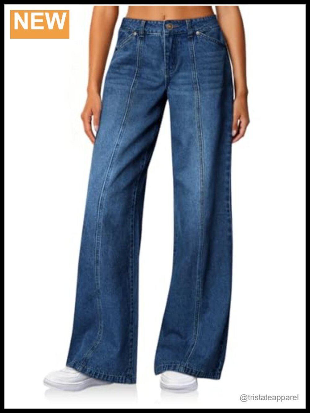 High Waisted Wide Leg Baggy Jeans with Pockets Front Seam Stretch Denim - Picture 1 of 6